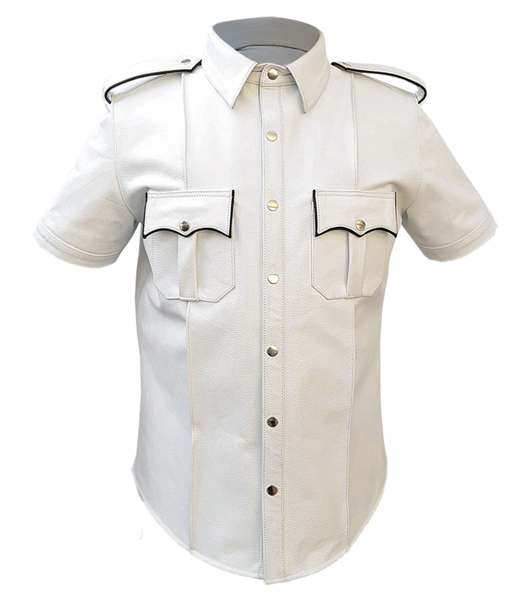 White Mens Leather Shirt Half Sleeves Police Style Uniform Shirt BLUF