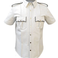 White Mens Leather Shirt Half Sleeves Police Style Uniform Shirt BLUF