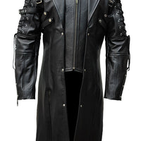 Mens Real Black Leather Trench Coat Steampunk Gothic Leather Coat Long Real Leather Jacket