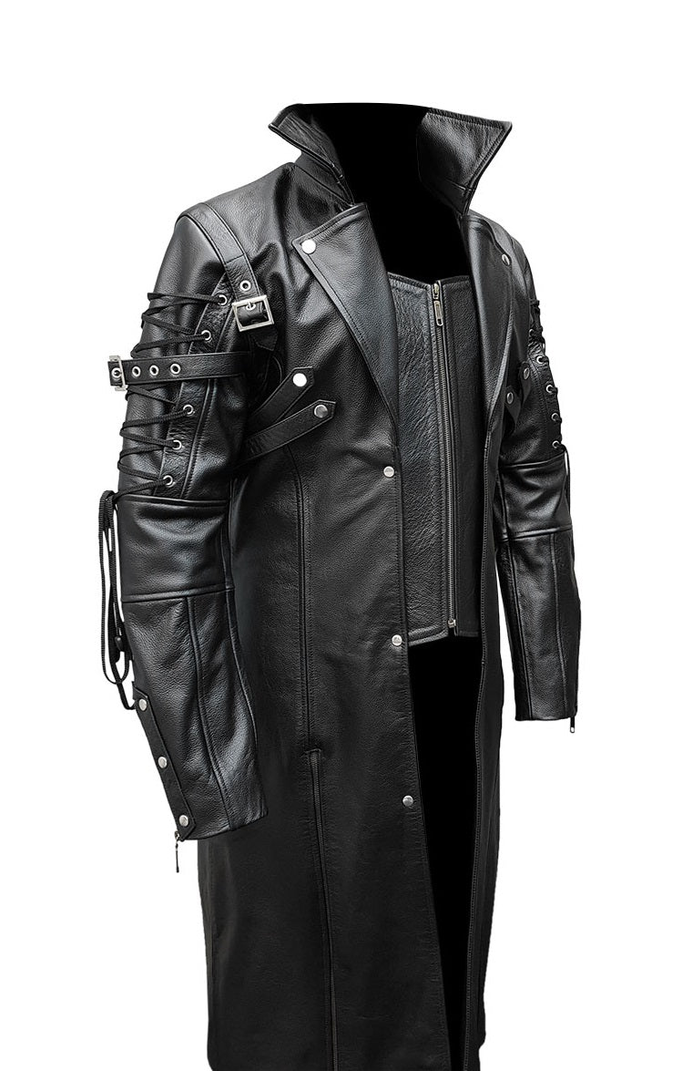 Mens Real Black Leather Trench Coat Steampunk Gothic Leather Coat Long Real Leather Jacket