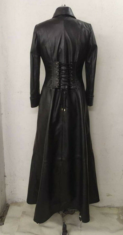 Black Leather Jacket Women Trench Coat Steampunk Long Gothic Biker Leather Coat Black