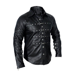 Mens Black Leather Shirt Full Sleeves Police Style Shirt BLUF - Ornate Impact