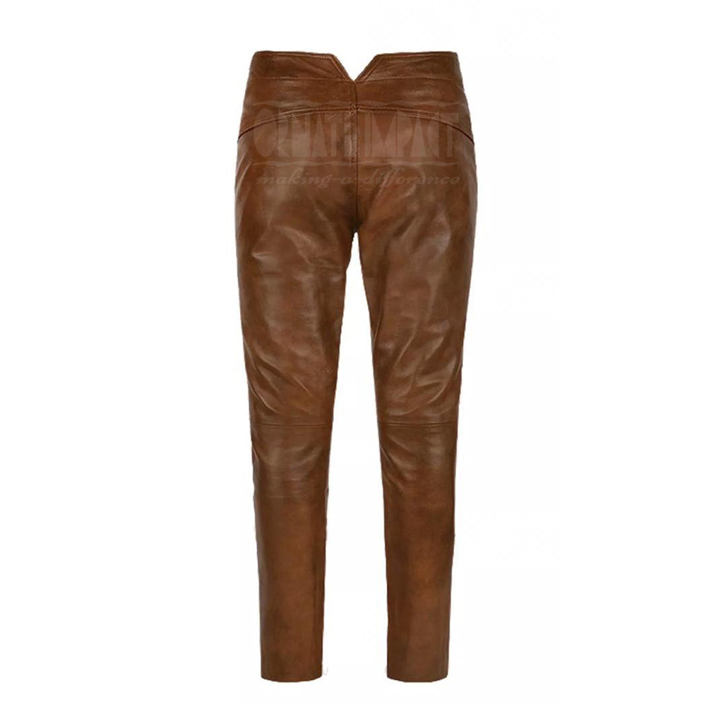 Mens Brown Leather Pant Jim Morrison Style Motorbike Motorcycle Pants Trousers - Ornate Impact