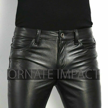 Mens Black Leather Pants 501 Style Biker Motorcycle Pants Trousers Leather Jeans Men