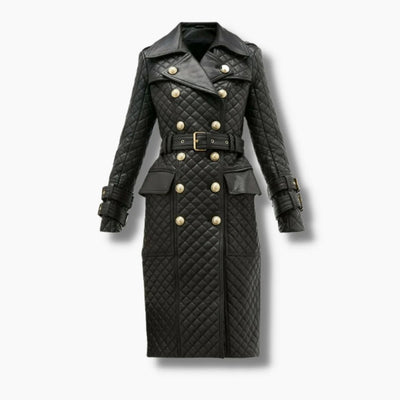 Womens Double Breasted Black Leather Coat Trench Steampunk Gothic Coat Ladies Leather Jacket