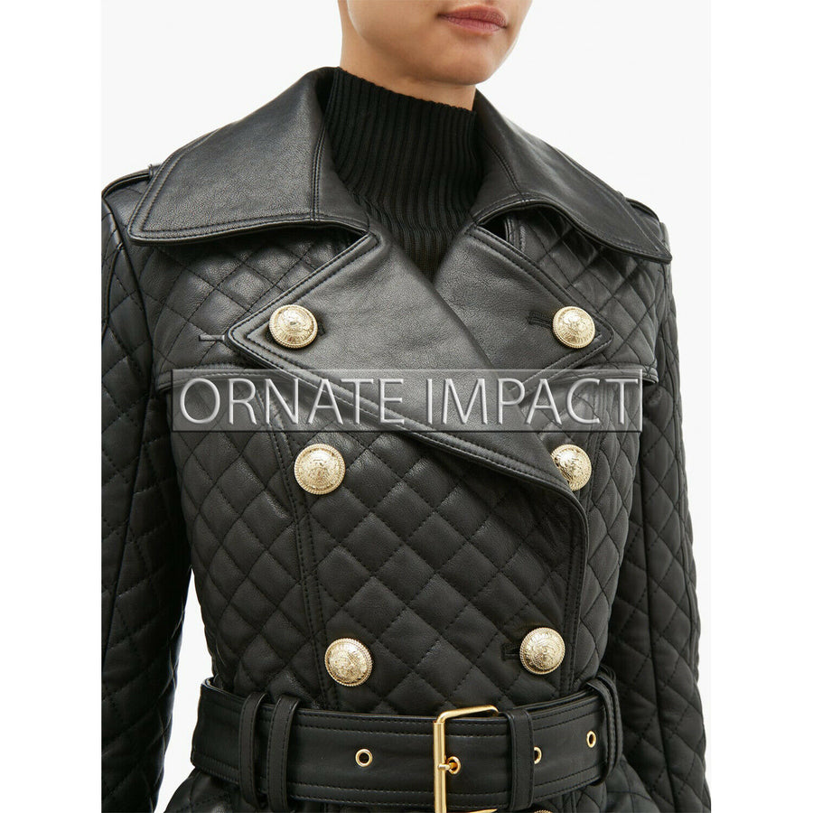 Womens Double Breasted Black Leather Coat Trench Steampunk Gothic Coat Ladies Leather Jacket