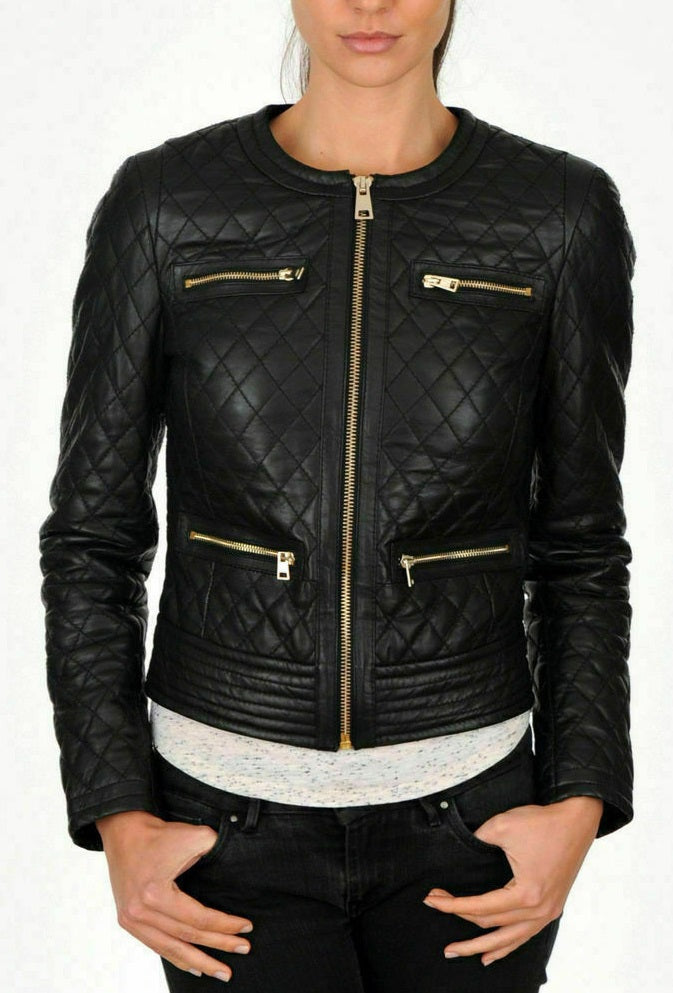 Black Leather Jacket Women Party Casual Quilted Biker Jacket Women