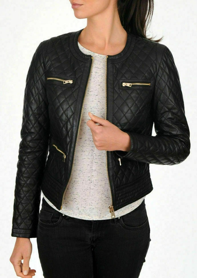 Black Leather Jacket Women Party Casual Quilted Biker Jacket Women