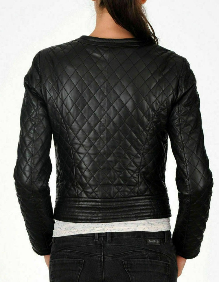 Black Leather Jacket Women Party Casual Quilted Biker Jacket Women