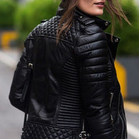 Black Leather Jacket Women Motorbike Jacket Motorcycle Quilted Leather Biker Jacket