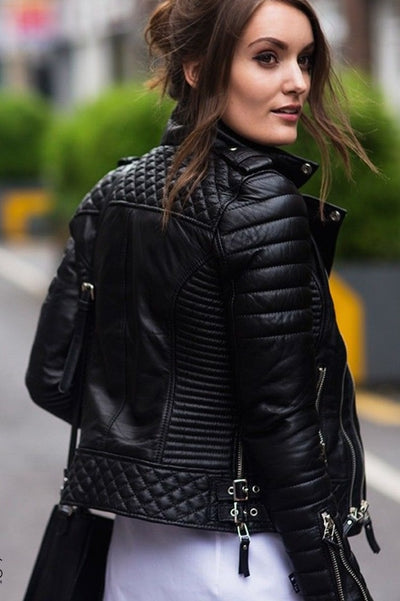 Black Leather Jacket Women Motorbike Jacket Motorcycle Quilted Leather Biker Jacket