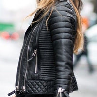 Black Leather Jacket Women Motorbike Jacket Motorcycle Quilted Leather Biker Jacket