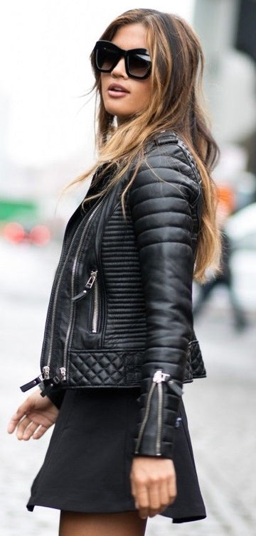 Black Leather Jacket Women Motorbike Jacket Motorcycle Quilted Leather Biker Jacket