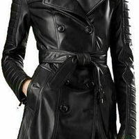 Womens Black Leather Double Breasted Coat Trench Steampunk Gothic Biker Coat Ladies Leather Jacket