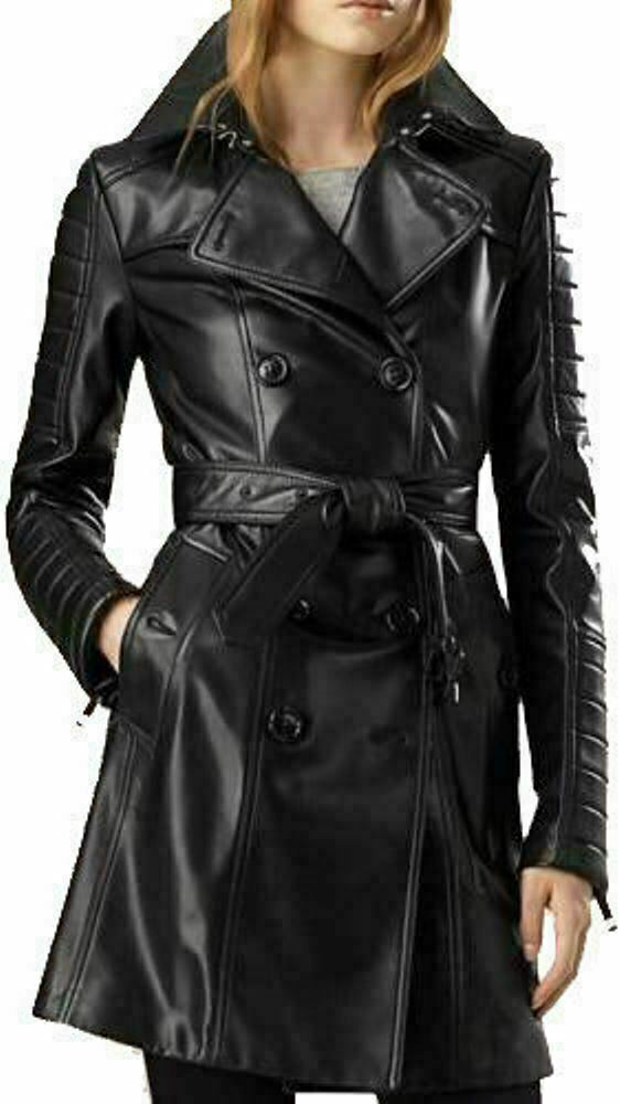 Womens Black Leather Double Breasted Coat Trench Steampunk Gothic Biker Coat Ladies Leather Jacket