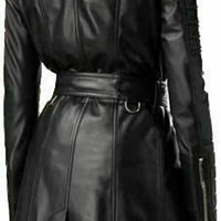 Womens Black Leather Double Breasted Coat Trench Steampunk Gothic Biker Coat Ladies Leather Jacket