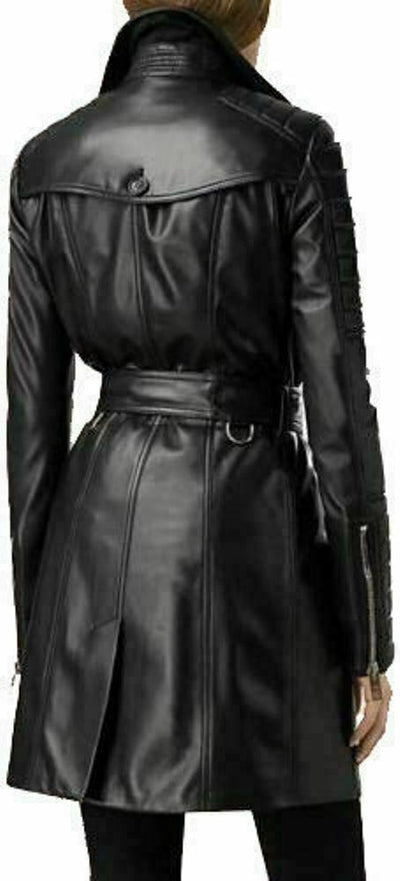 Womens Black Leather Double Breasted Coat Trench Steampunk Gothic Biker Coat Ladies Leather Jacket