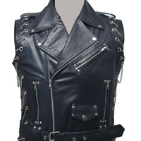 Mens Pure Black Leather Vest Biker Motorbike Vest Waistcoat Motorcycle Vest