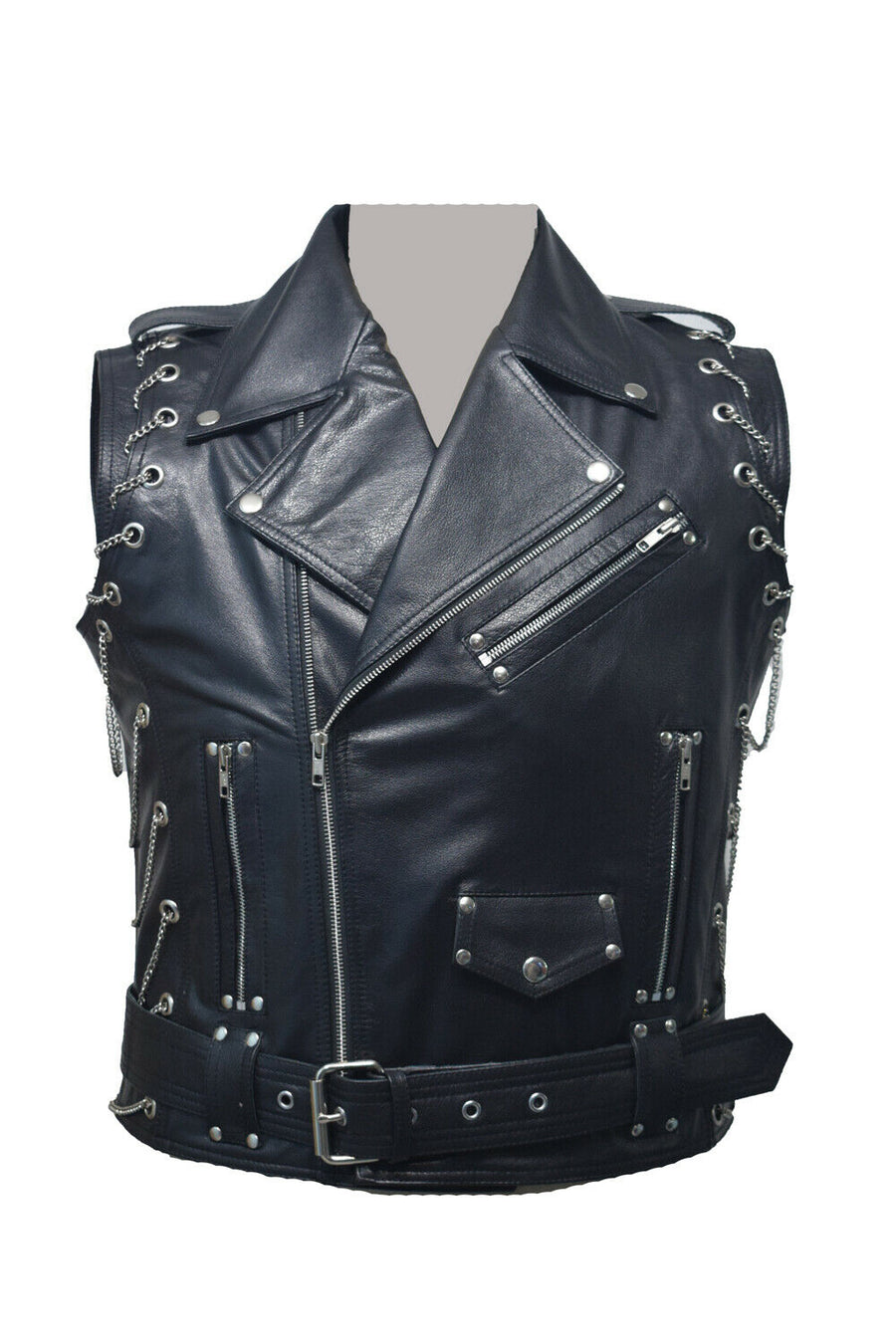 Mens Pure Black Leather Vest Biker Motorbike Vest Waistcoat Motorcycle Vest