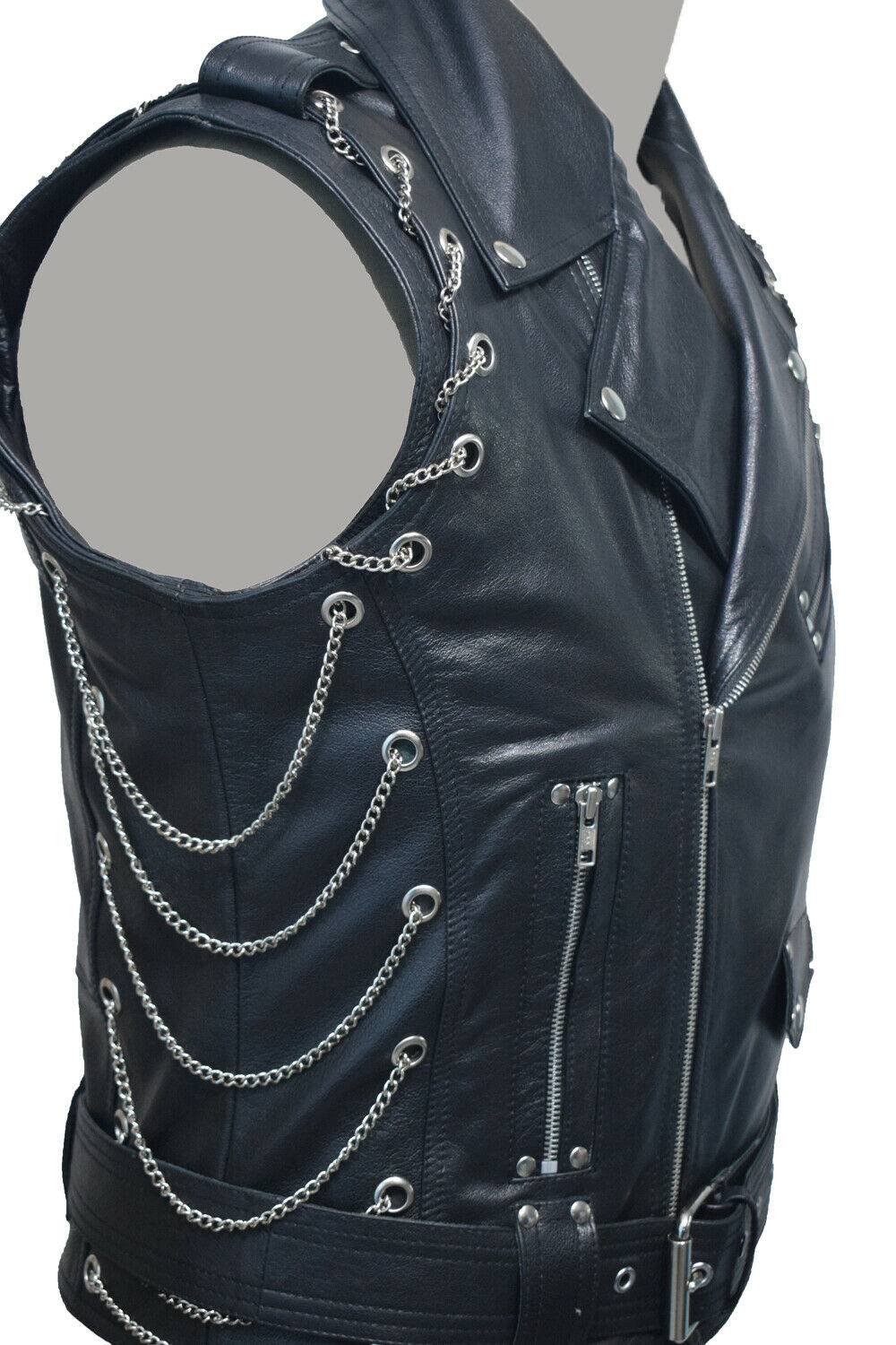 Mens Pure Black Leather Vest Biker Motorbike Vest Waistcoat Motorcycle Vest