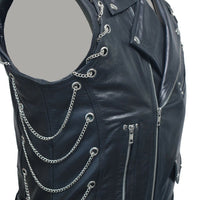 Mens Pure Black Leather Vest Biker Motorbike Vest Waistcoat Motorcycle Vest