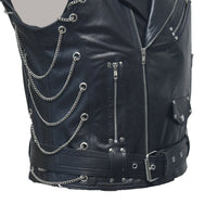 Mens Pure Black Leather Vest Biker Motorbike Vest Waistcoat Motorcycle Vest