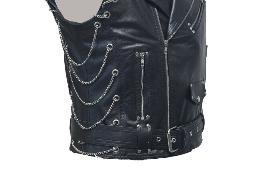 Mens Pure Black Leather Vest Biker Motorbike Vest Waistcoat Motorcycle Vest