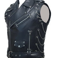 Mens Pure Black Leather Vest Biker Motorbike Vest Waistcoat Motorcycle Vest