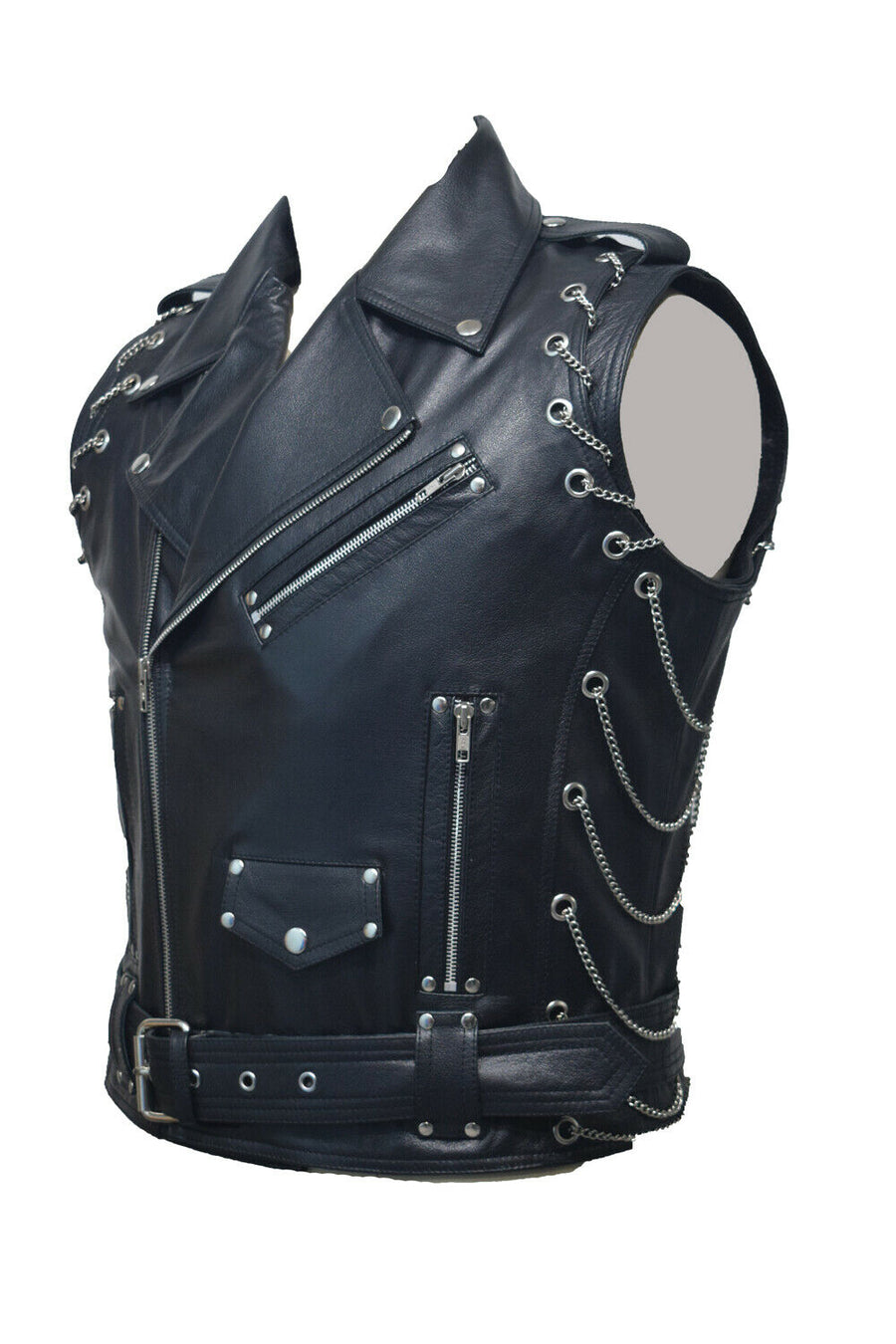 Mens Pure Black Leather Vest Biker Motorbike Vest Waistcoat Motorcycle Vest