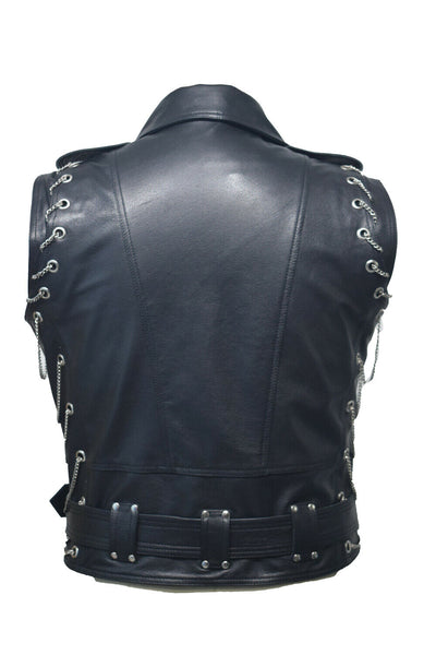 Mens Pure Black Leather Vest Biker Motorbike Vest Waistcoat Motorcycle Vest