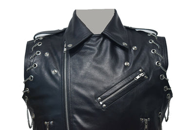 Mens Pure Black Leather Vest Biker Motorbike Vest Waistcoat Motorcycle Vest