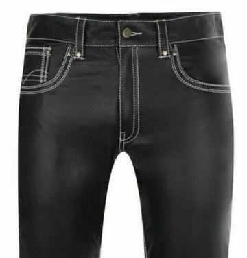 Mens Black Leather Pant 501 Style Biker Motorcycle Pants Trousers Jeans - Ornate Impact