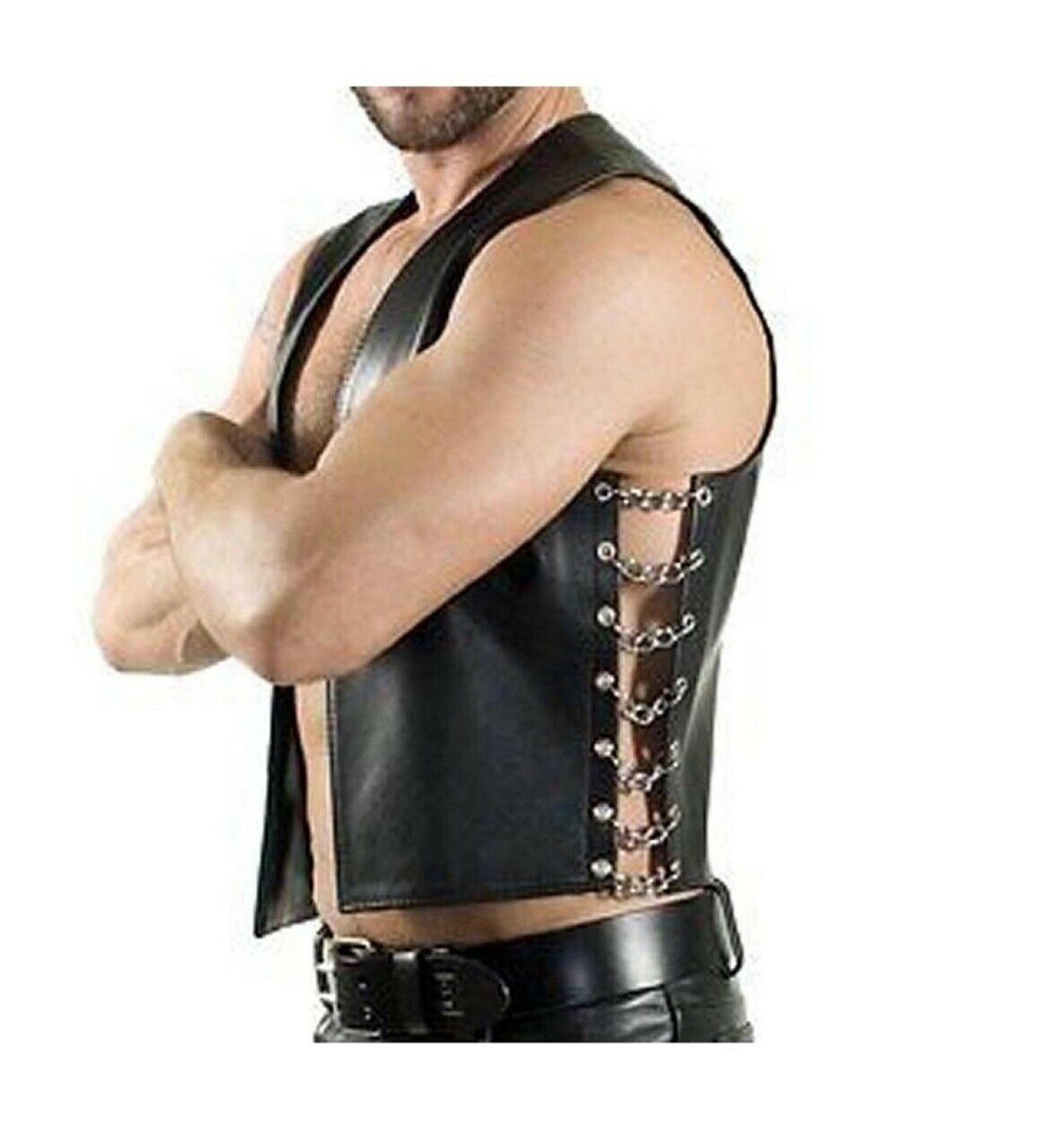 Mens Black Leather Vest Biker Motorbike Vest Motorcycle Open Vest Waistcoat - Ornate Impact