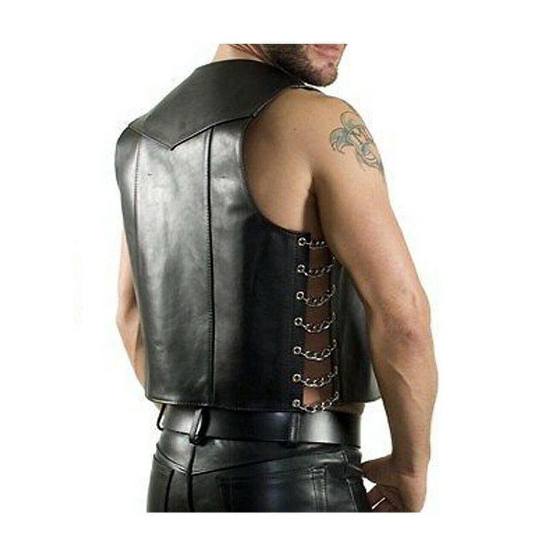 Mens Black Leather Vest Biker Motorbike Vest Motorcycle Open Vest Waistcoat - Ornate Impact