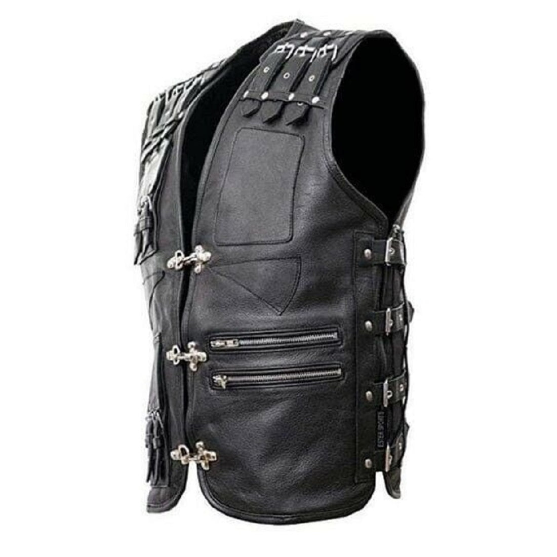 Mens Black Leather Vest Biker Chain Vest / Waistcoat Motorcycle - Ornate Impact