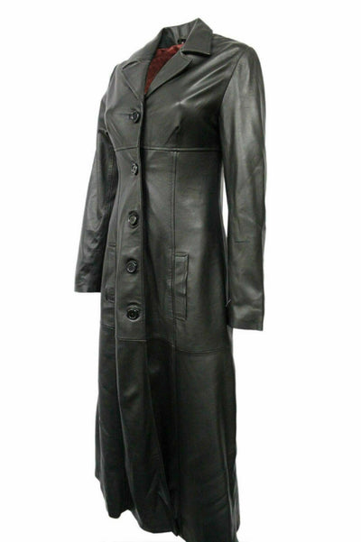 Womens Black Leather Jacket Trench Coat Steampunk Long Gothic Coat Winter Long Ladies Leather Jacket