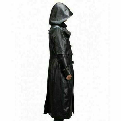 Mens Black Leather Coat Steampunk Matrix Coat Trench Coat Long Hooded Jacket - Ornate Impact