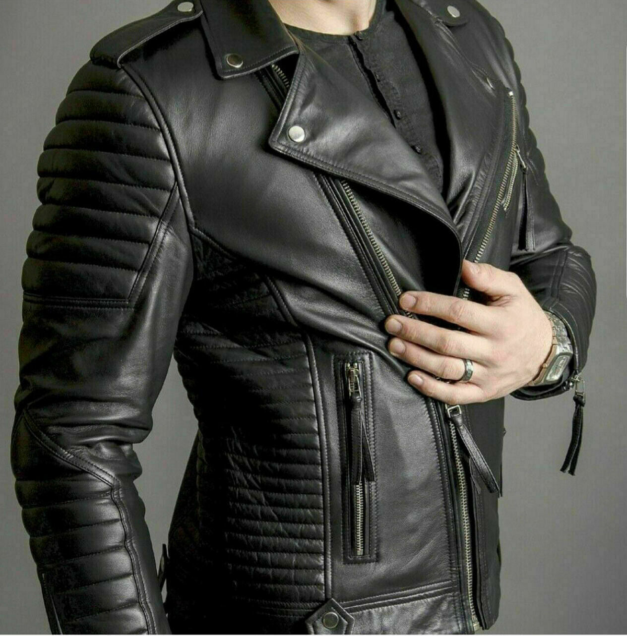 Mens Black Pure Leather Jacket Biker Motorcycle Jacket Motorbike Coat - Ornate Impact