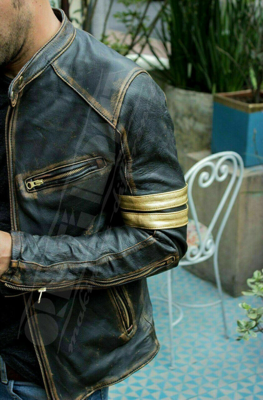 Mens Pure Leather Biker Jacket Motorcycle Tanned Motorbike Leather Moto Jacket