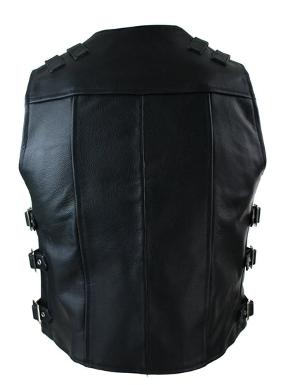 Mens Black Leather Vest Biker Motorbike Vest / Waistcoat Motorcycle Vest - Ornate Impact