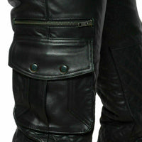 Mens Black Leather Pant Cargo Pockets Quilted Biker Motorcycle Pants Trousers - Ornate Impact