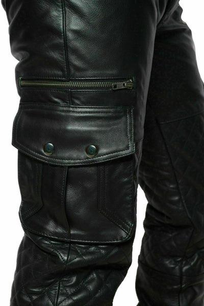 Mens Black Leather Pant Cargo Pockets Quilted Biker Motorcycle Pants Trousers - Ornate Impact