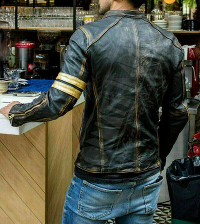 Mens Pure Leather Biker Jacket Motorcycle Tanned Motorbike Leather Moto Jacket