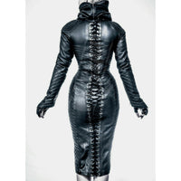 Womens Black Leather Jacket Bodysuit Steampunk Gothic Leather Bodycon Party Dress