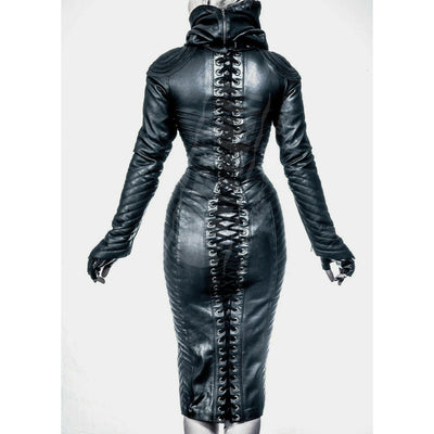 Womens Black Leather Jacket Bodysuit Steampunk Gothic Leather Bodycon Party Dress