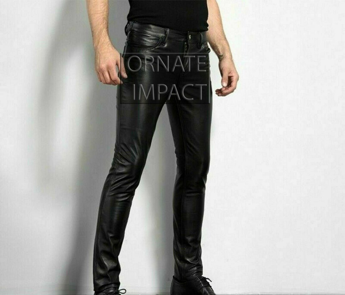 Mens Black Leather Pants 501 Style Biker Motorcycle Pants Trousers Leather Jeans Men