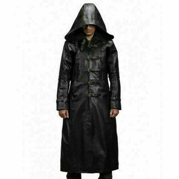 Mens Black Leather Coat Steampunk Matrix Coat Trench Coat Long Hooded Jacket - Ornate Impact