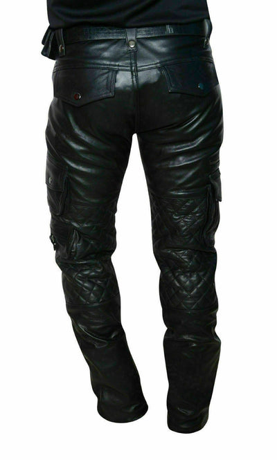 Mens Black Leather Pant Cargo Pockets Quilted Biker Motorcycle Pants Trousers - Ornate Impact