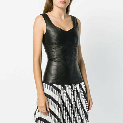 Black Leather Shirt Women Sleeveless Shirt Tops Leather Tank