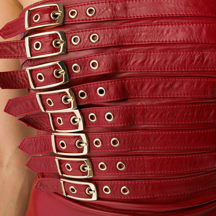 Red Leather Jacket Dress Sleeveless Jacket Over Bust Corset Ladies Leather Jacket